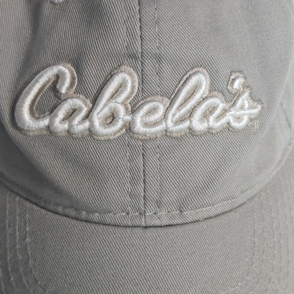 Cabelas Mens Khaki Tan Script Logo Adjustable Strapback Baseball Hat Cap OSFM